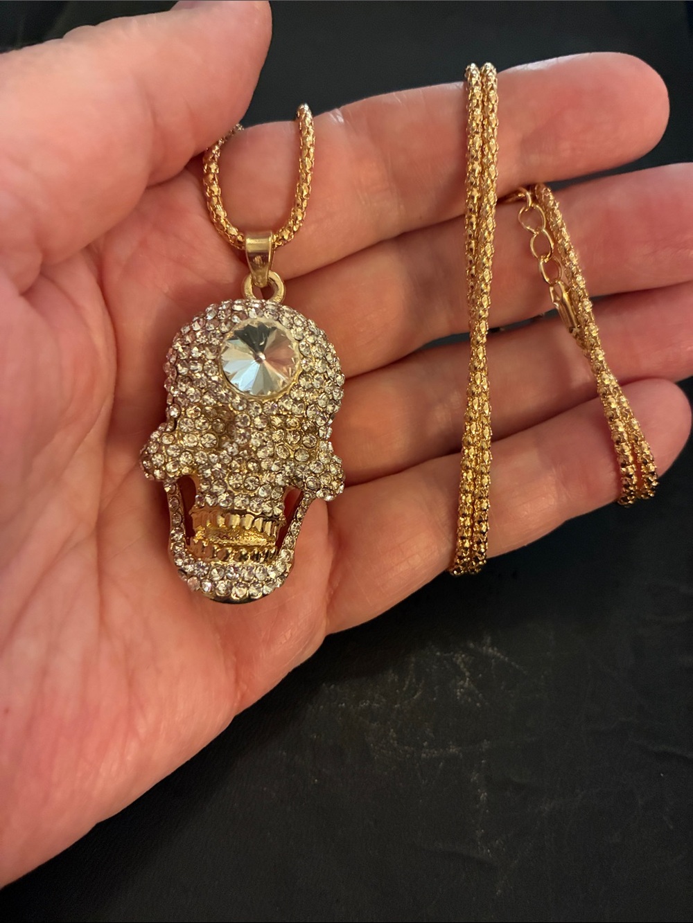 Crystal Gold Tone Skull Pendant Necklace